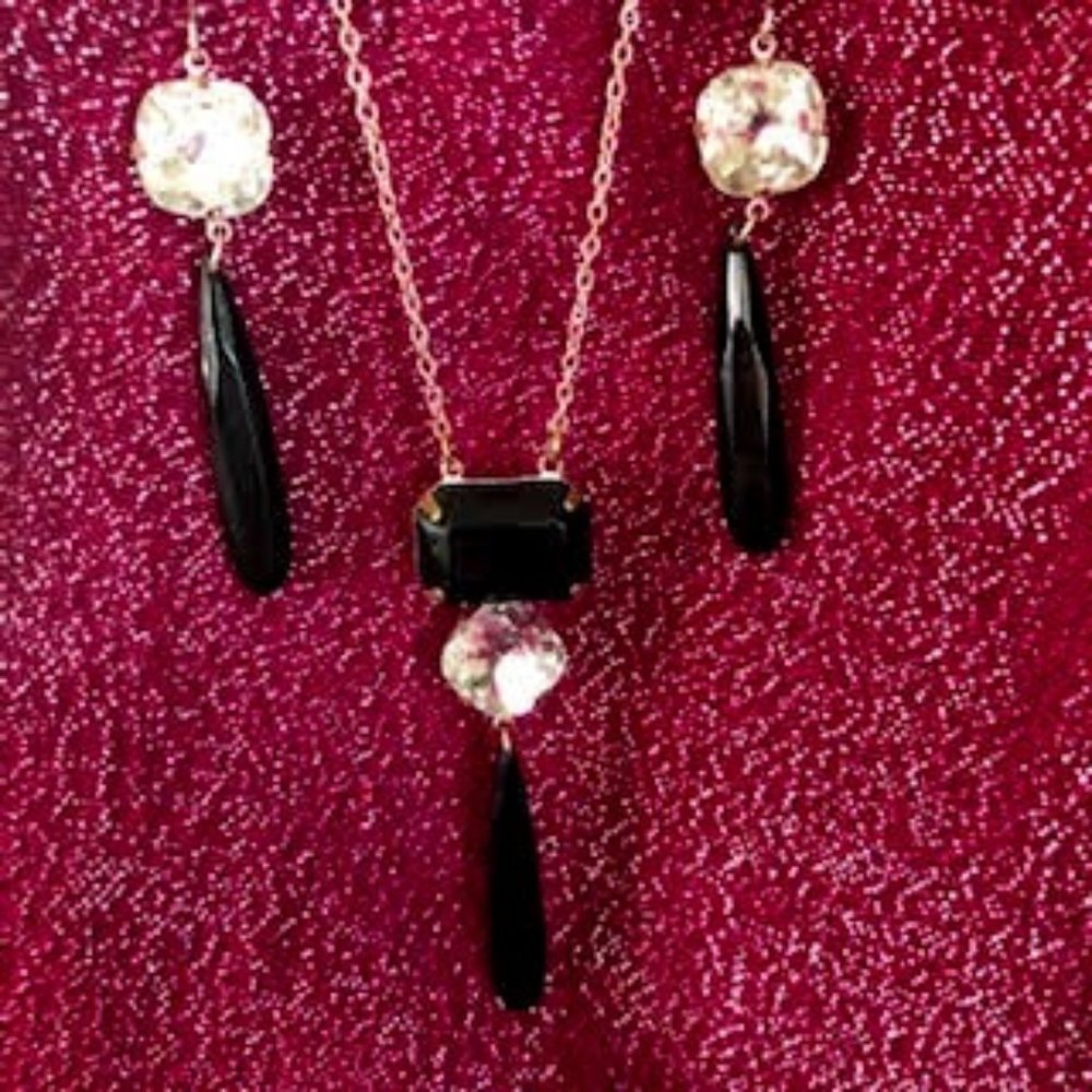 Rhinestone Black Stone Necklace Matching Earrings